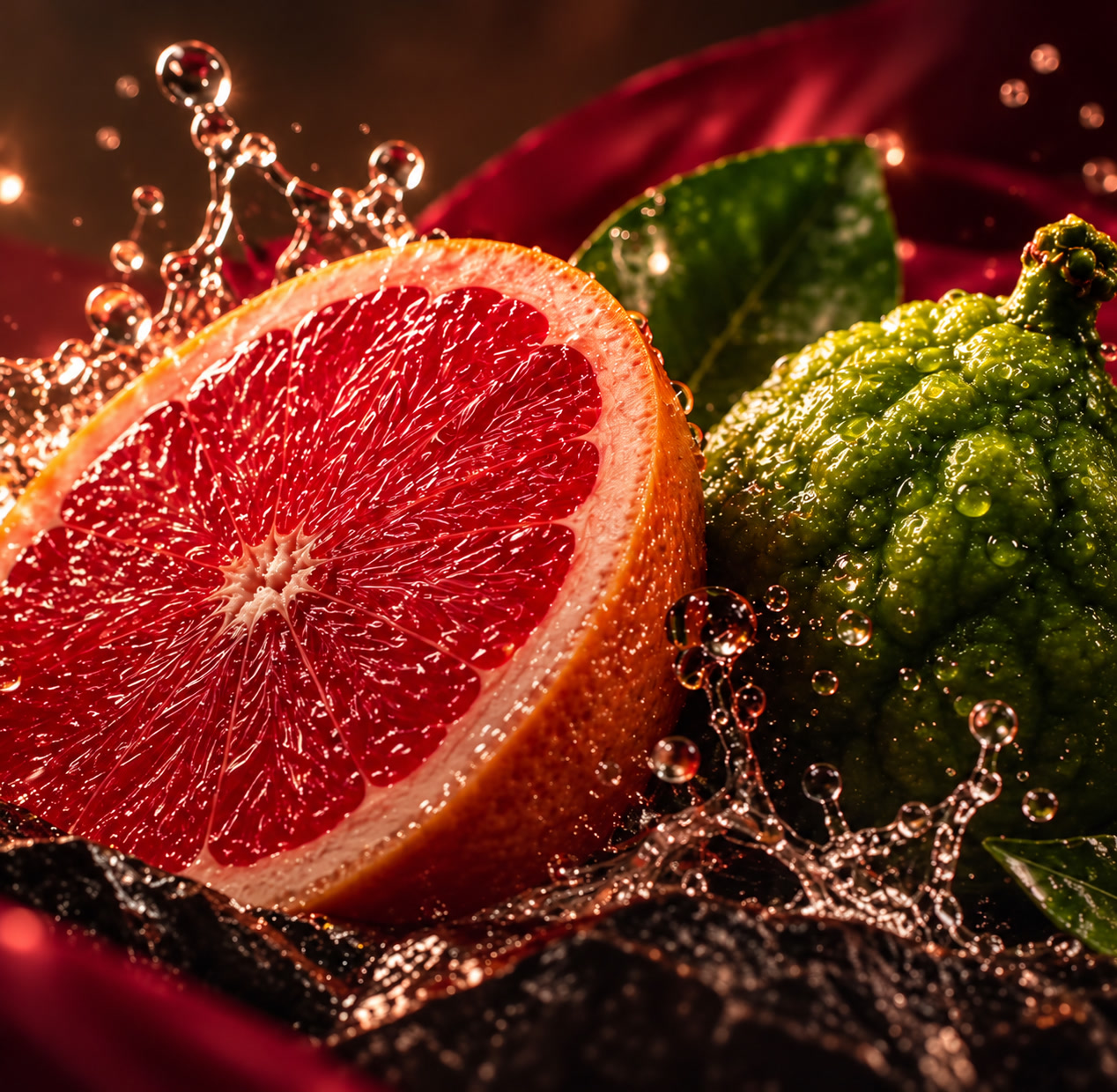 Grapefruit and bergamot with sparkling droplets on burgundy silk