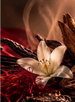 A white blossom, dark wood and warm resin