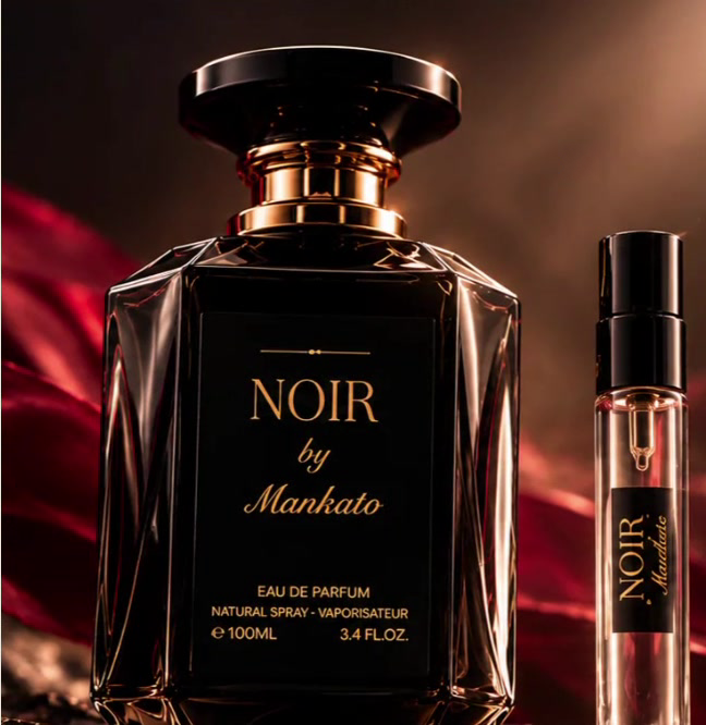 Noir by Mankato 100 ml eau de parfum and 10 ml companion spray against burgundy silk